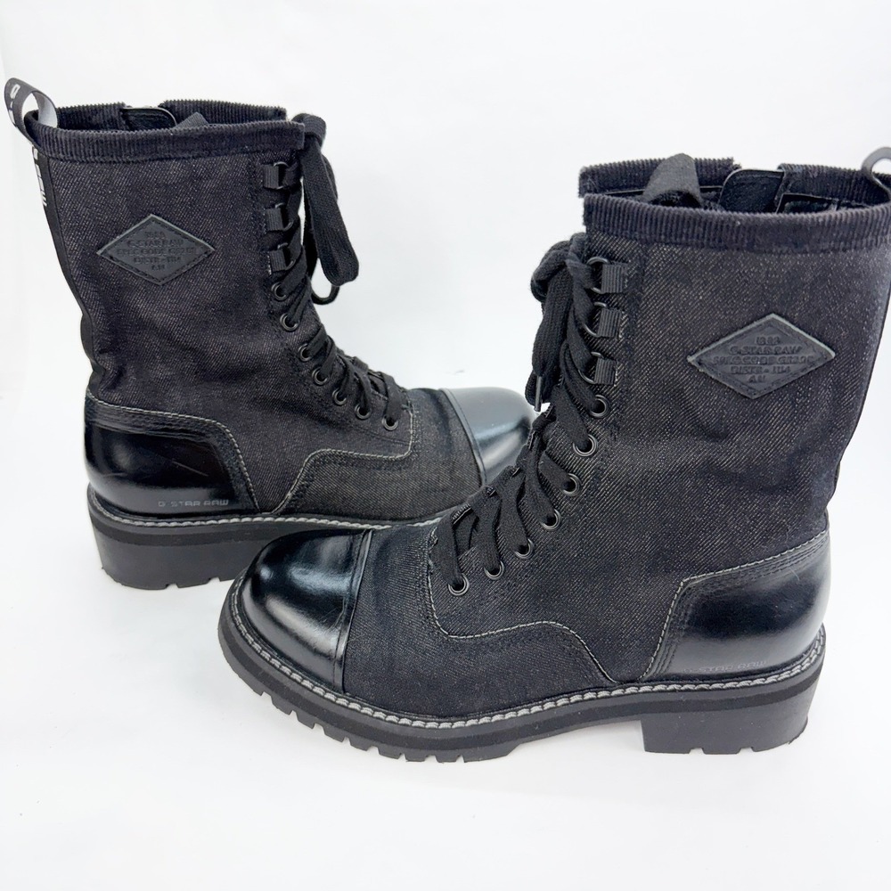 G-Star RAW Black Denim Leather Combat Boots Side Zip Lug Sole Womens 38